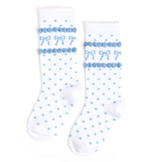 Little Stocking Co. - Blue Bow Scalloped Knee Socks: 6-18 MONTHS