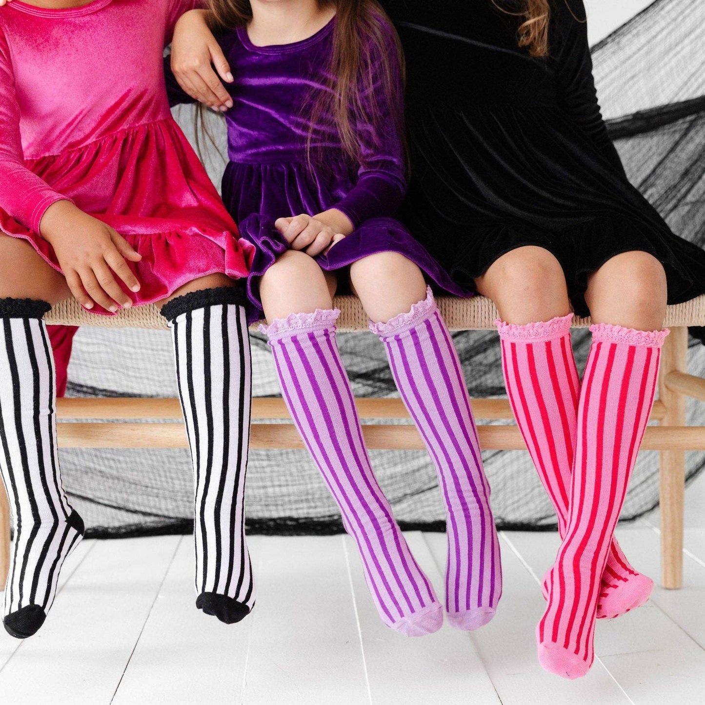 Striped Lace Top Knee High Socks - Taffy Pink