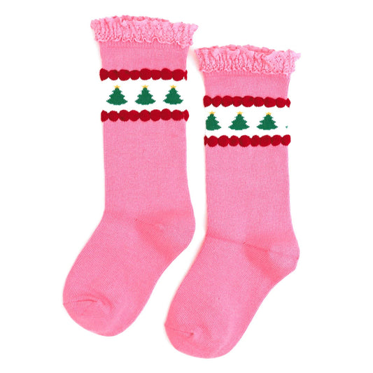 Little Stocking Co. - Pink Tree Lace Top Knee High Socks: 4-6 YEARS