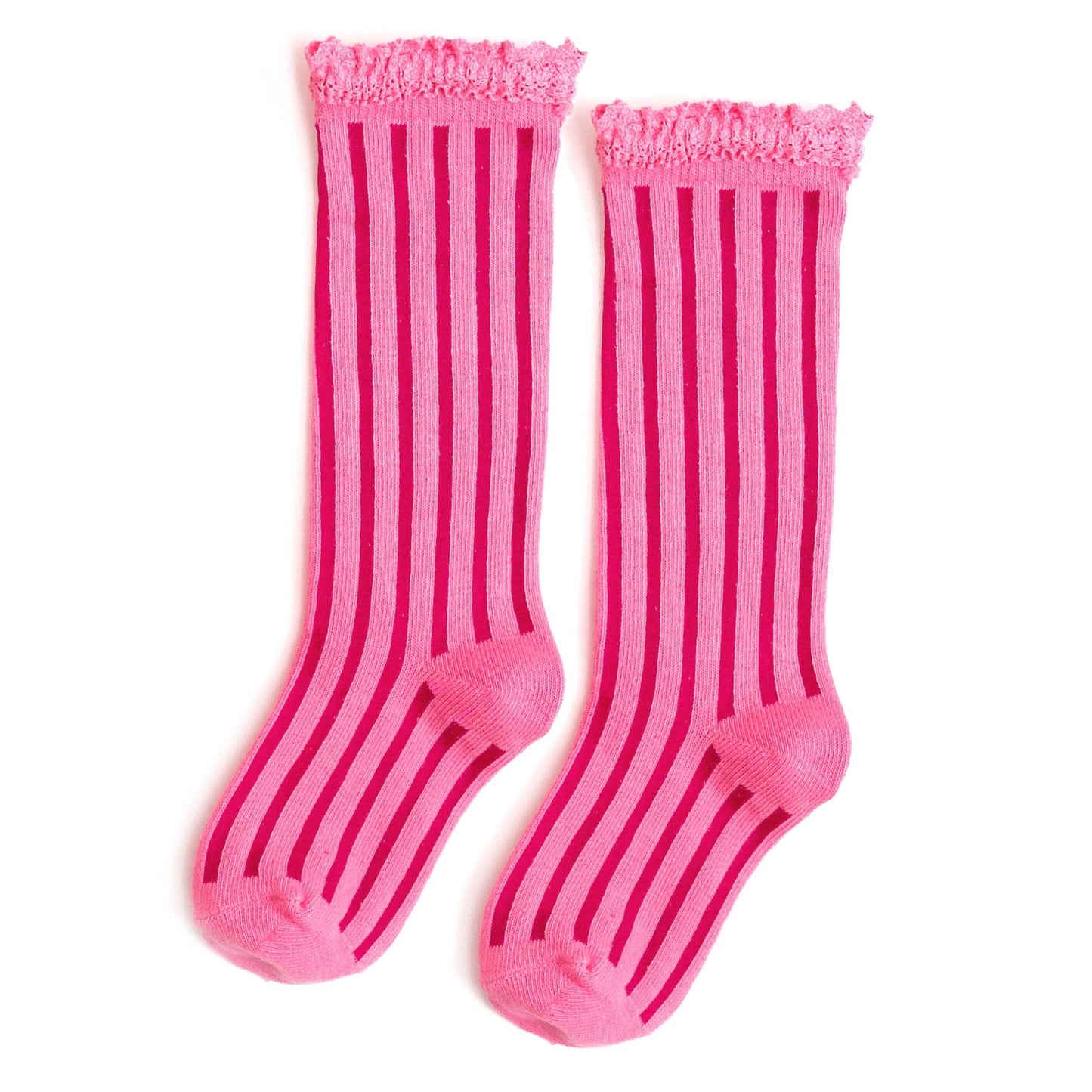 Striped Lace Top Knee High Socks - Taffy Pink