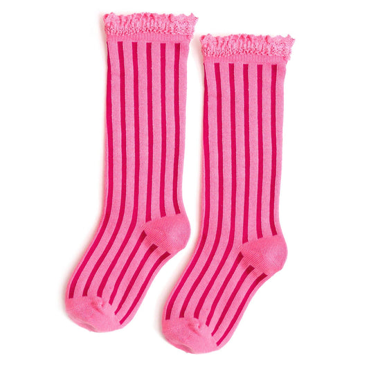 Striped Lace Top Knee High Socks - Taffy Pink