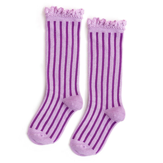 Striped Lace Top Knee High Socks in Wisteria