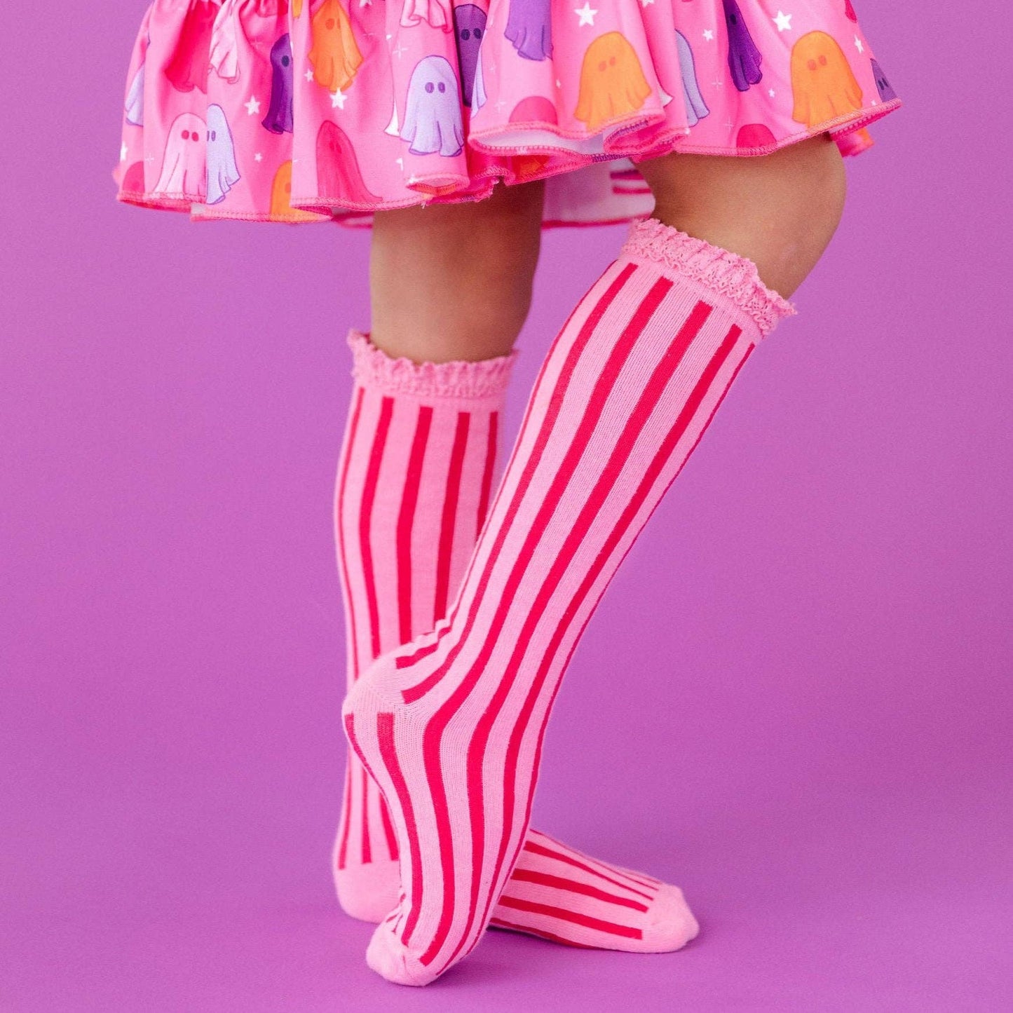 Striped Lace Top Knee High Socks - Taffy Pink