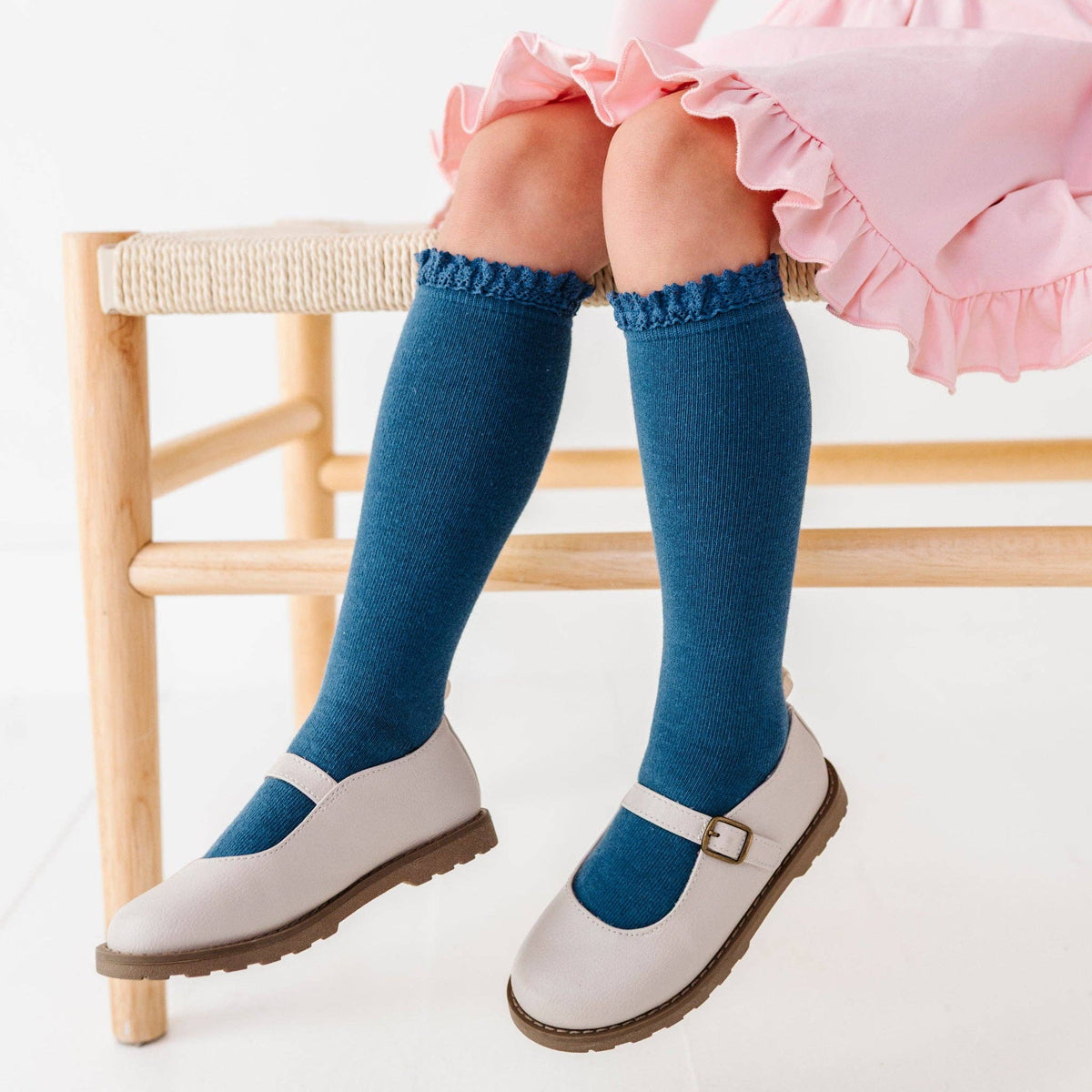 Little Stocking Co. - Bluejay Lace Top Knee High Socks: 1.5-3 YEARS