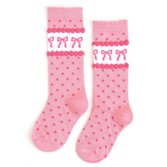 Little Stocking Co. - Pink Bow Scalloped Knee Socks: 7-10 YEARS