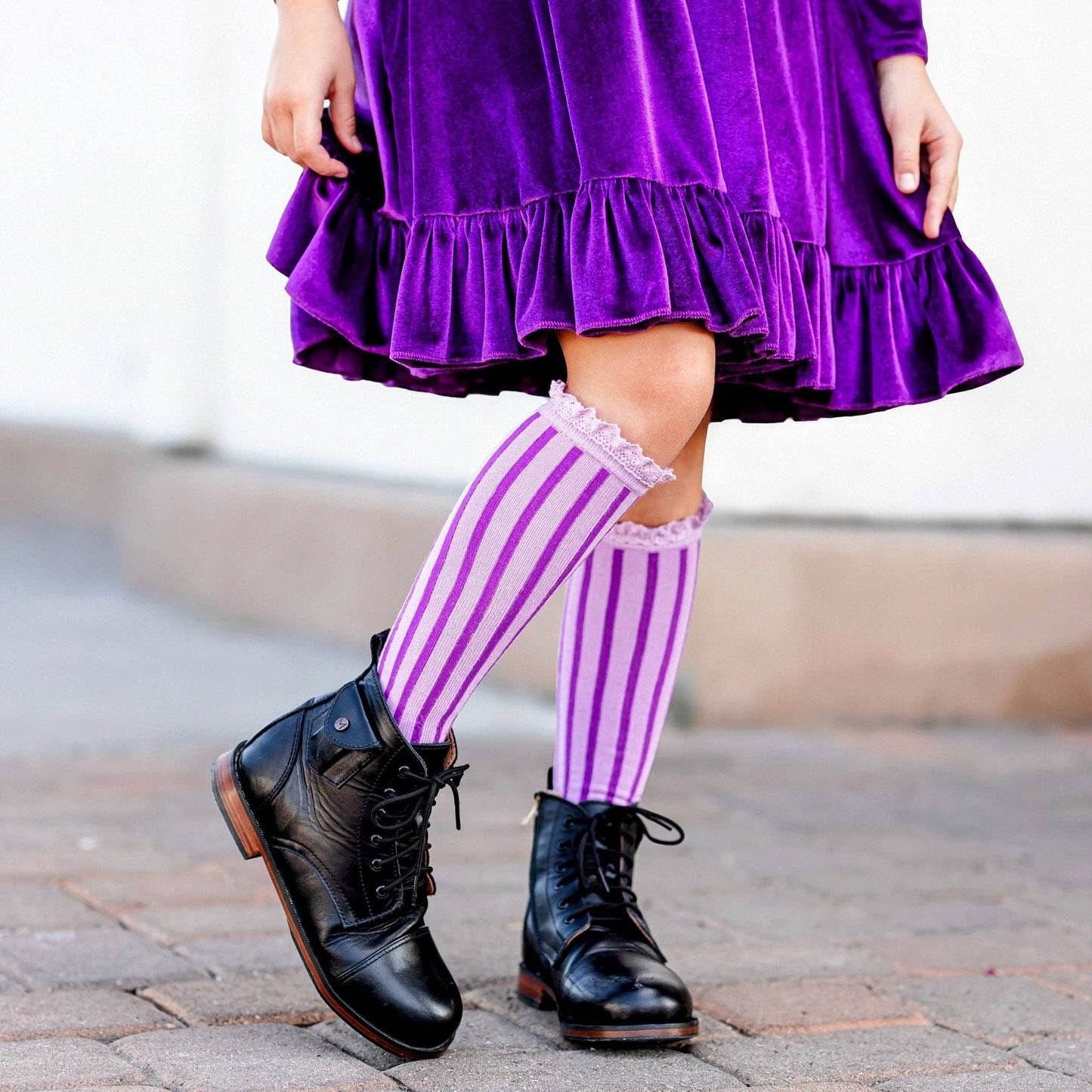 Striped Lace Top Knee High Socks in Wisteria