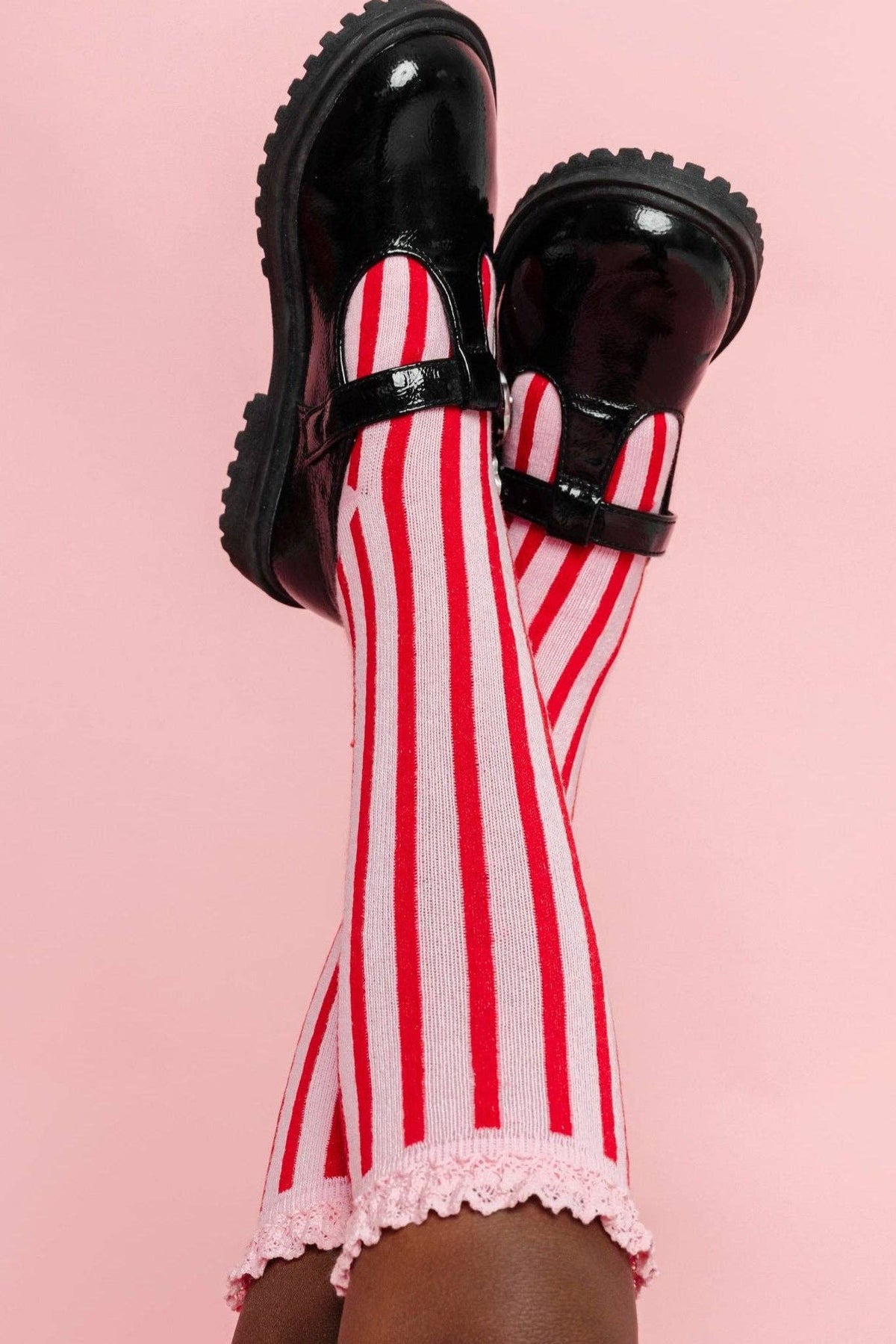 Little Stocking Co. - Candy Stripe Lace Top Knee High Socks: 6-18 MONTHS
