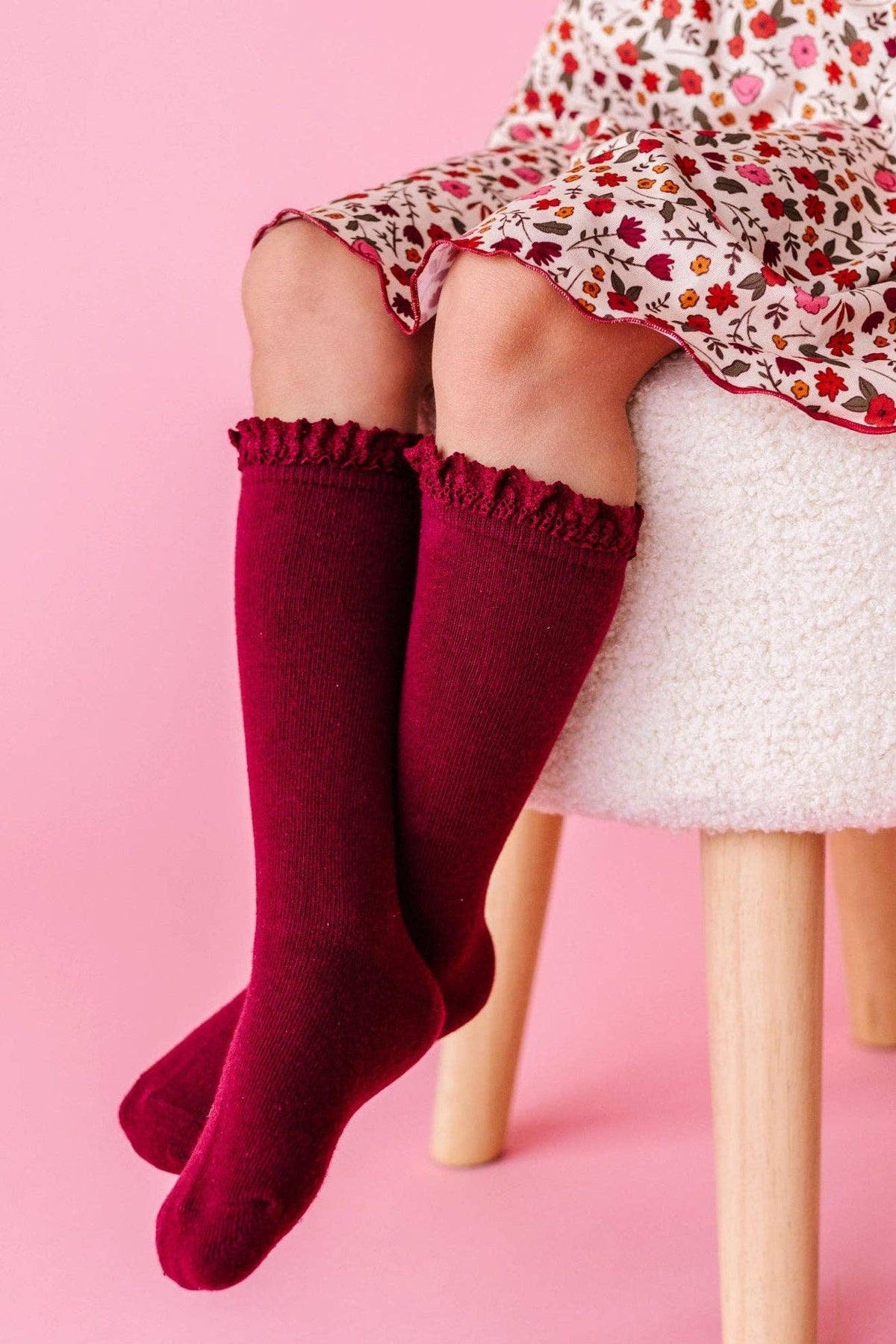 Little Stocking Co. - Burgundy Lace Top Knee High Socks: 4-6 YEARS
