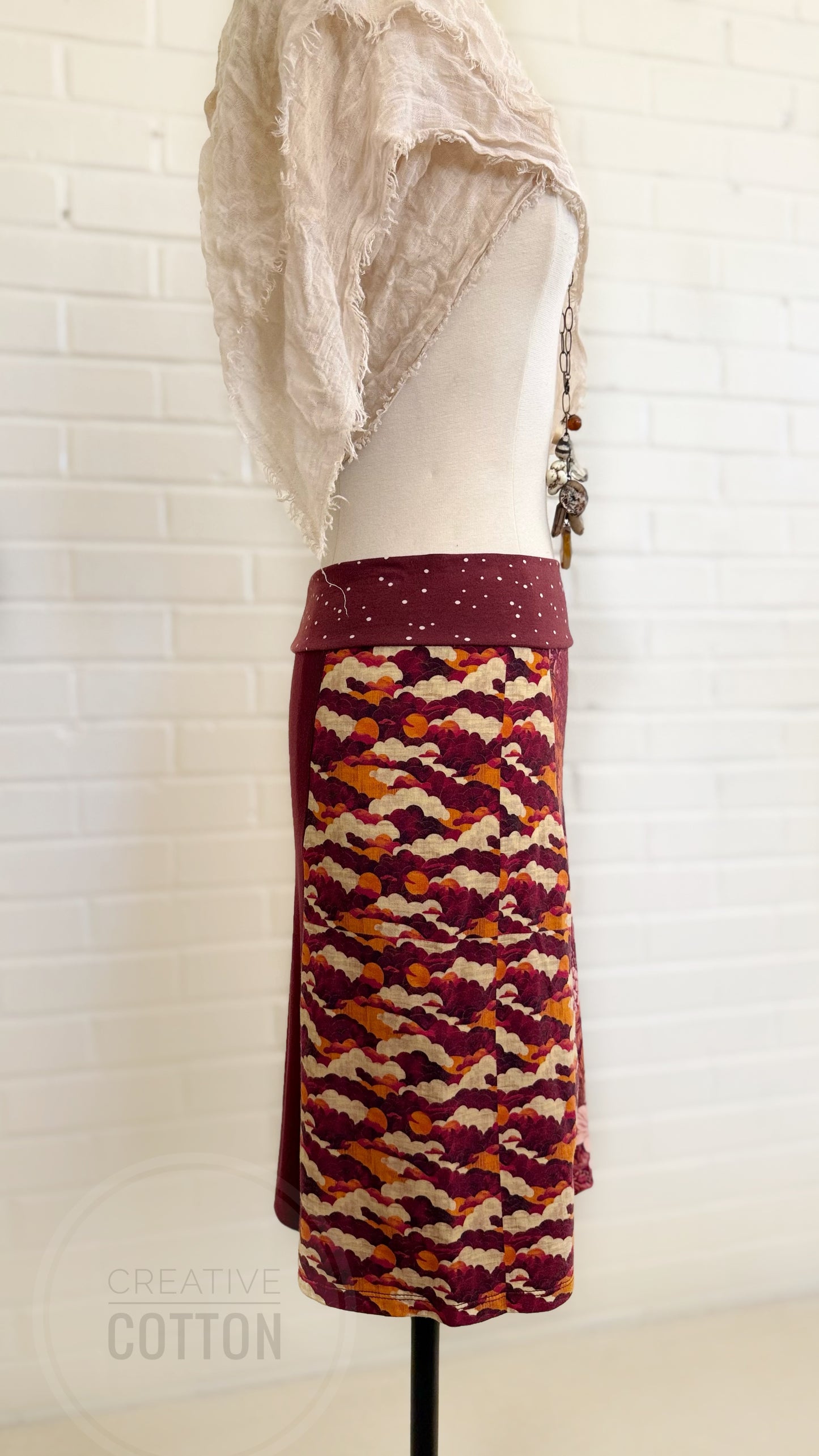 Maroon Baroque Floral Funky Knit Skirt