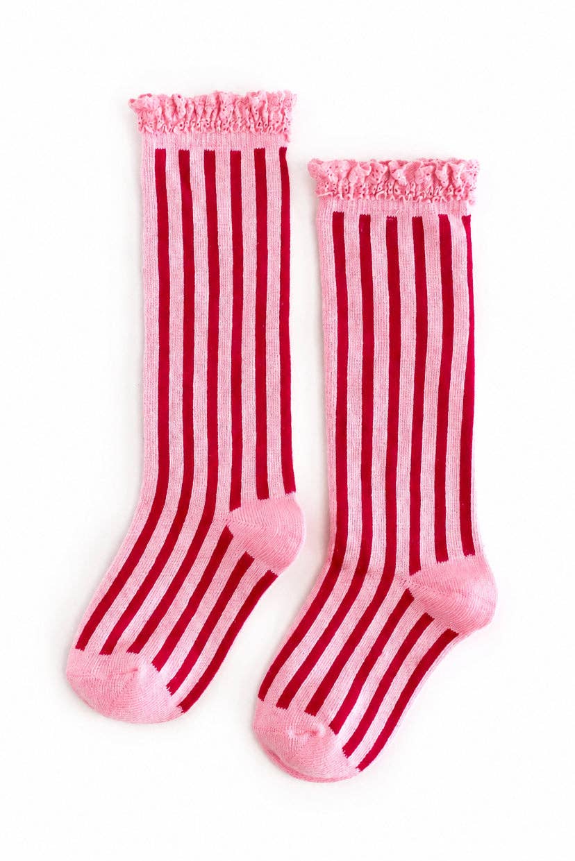 Little Stocking Co. - Candy Stripe Lace Top Knee High Socks: 6-18 MONTHS