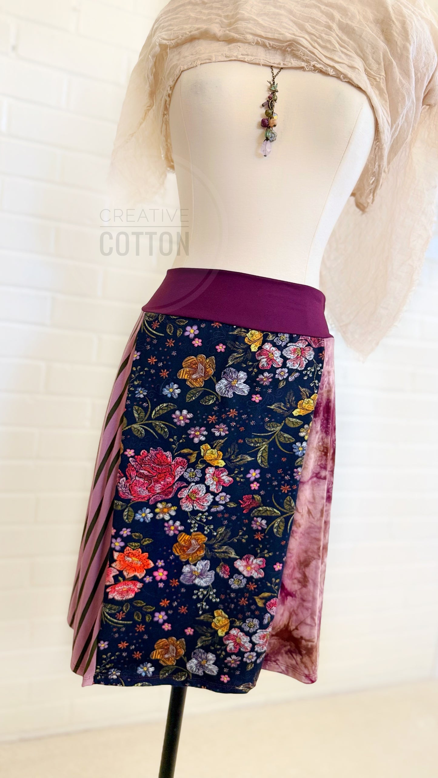 Faux Embroidered Floral Funky Knit Skirt