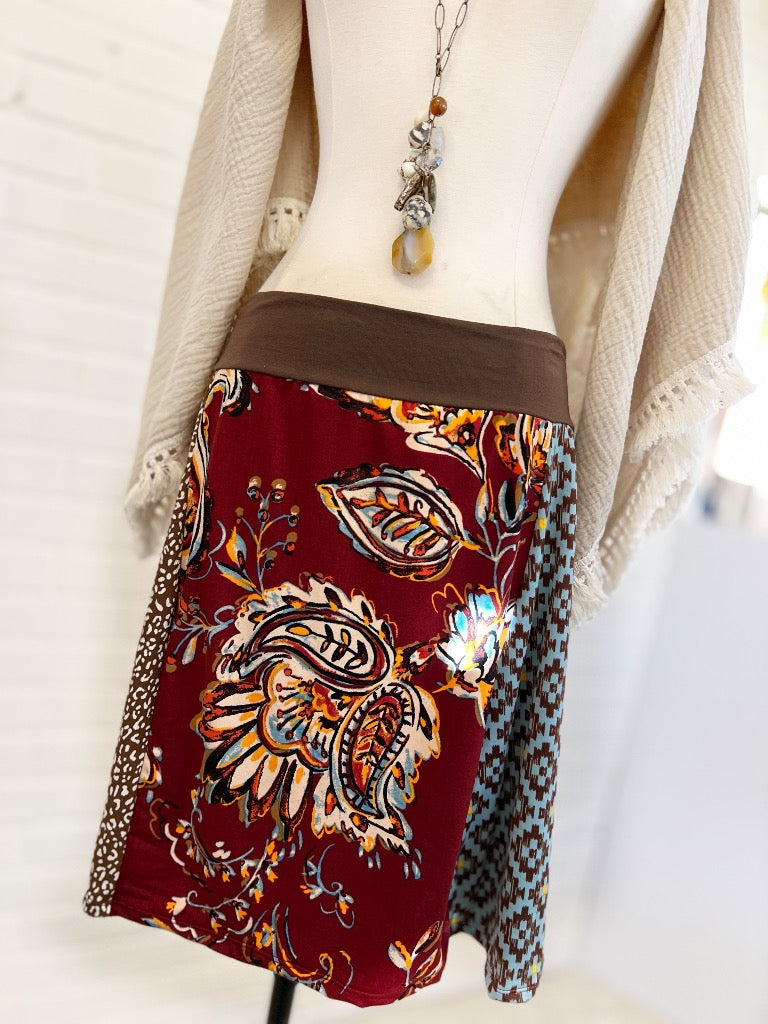Burgundy Art Deco Funky Knit Skirt