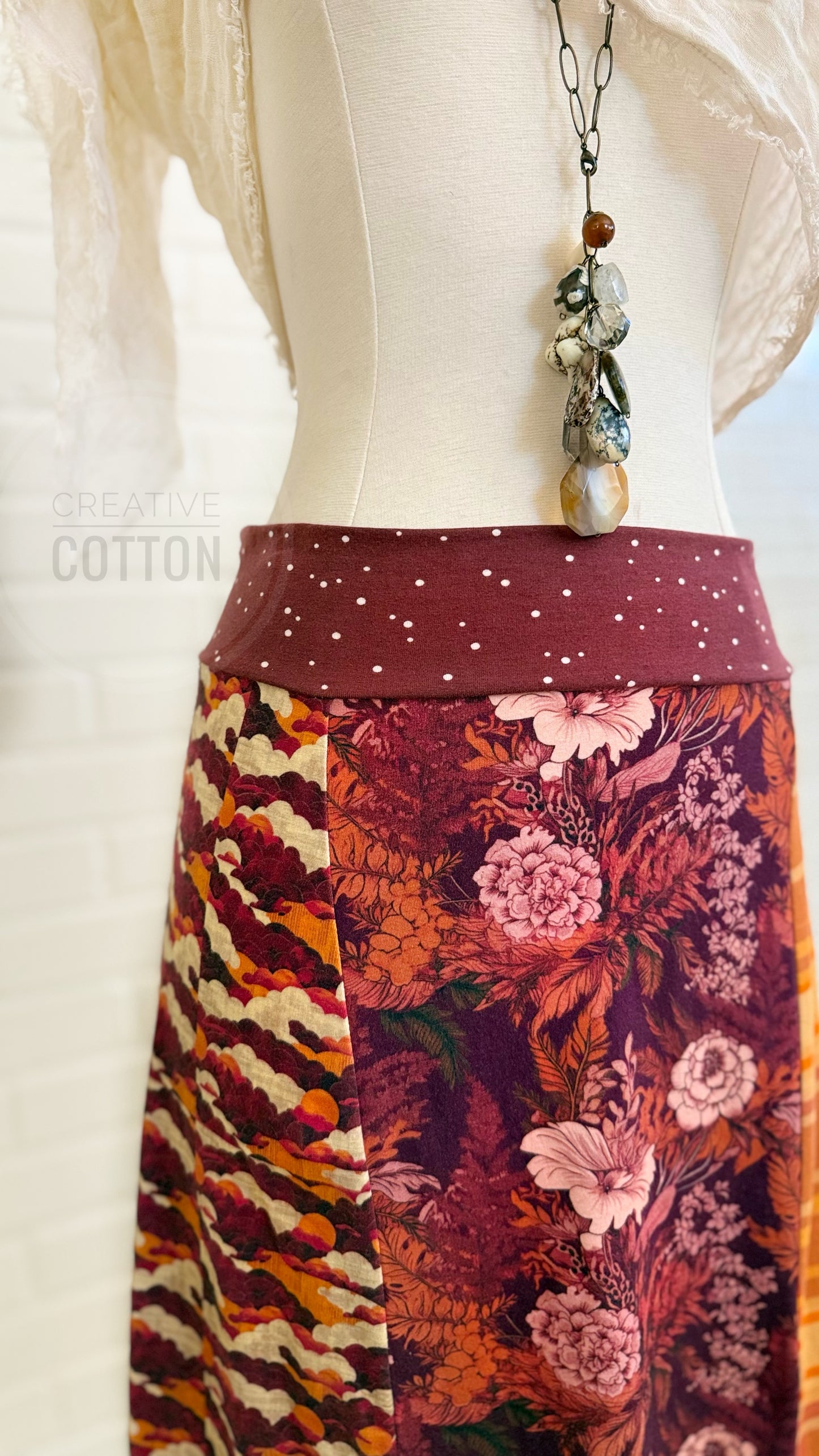 Maroon Baroque Floral Funky Knit Skirt