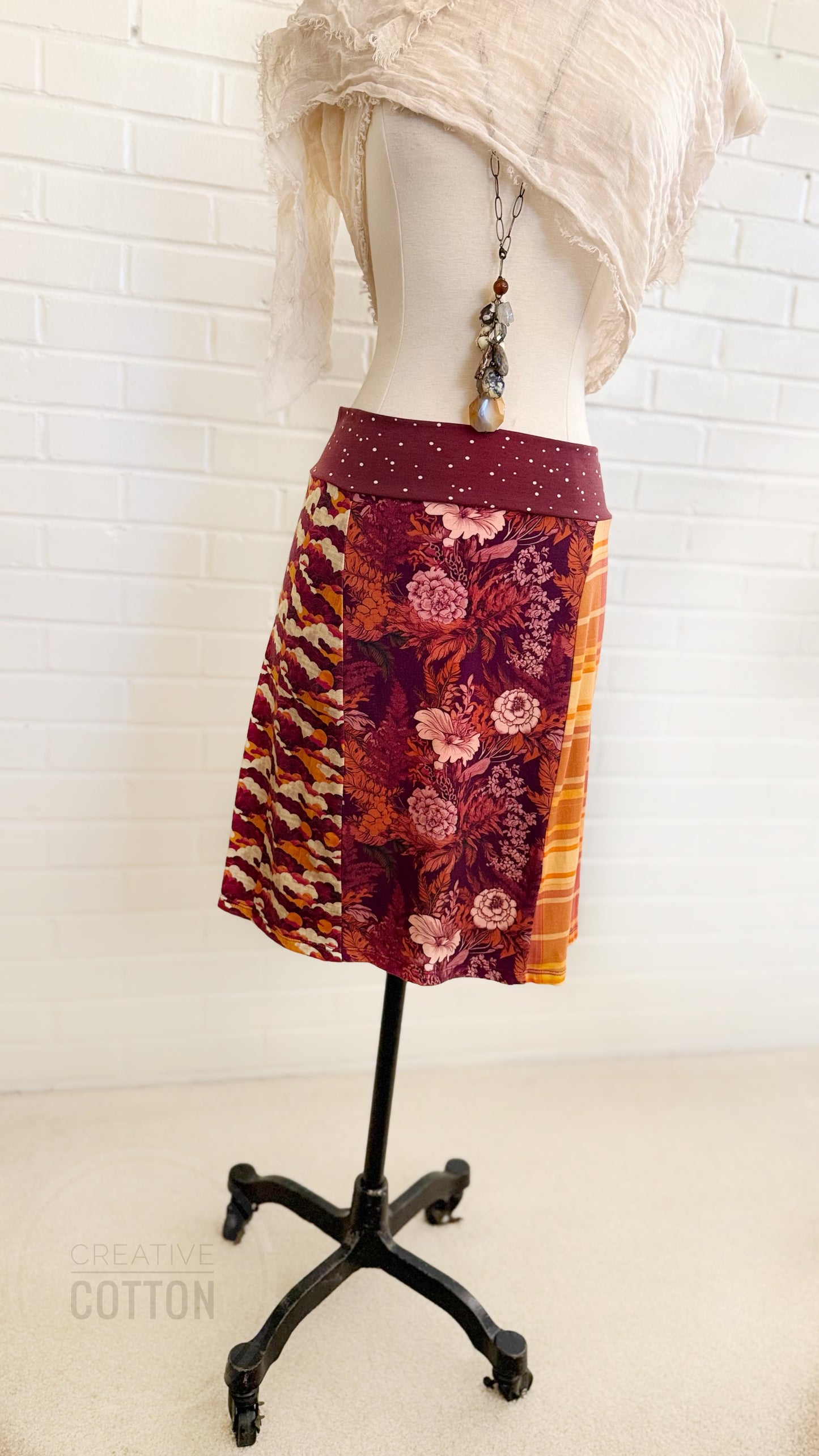 Maroon Baroque Floral Funky Knit Skirt