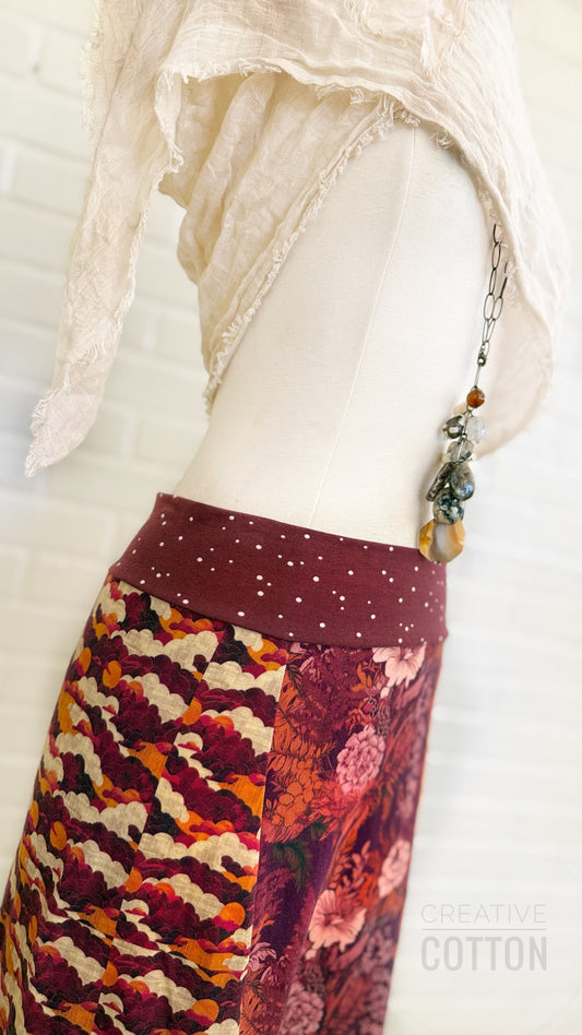 Maroon Baroque Floral Funky Knit Skirt