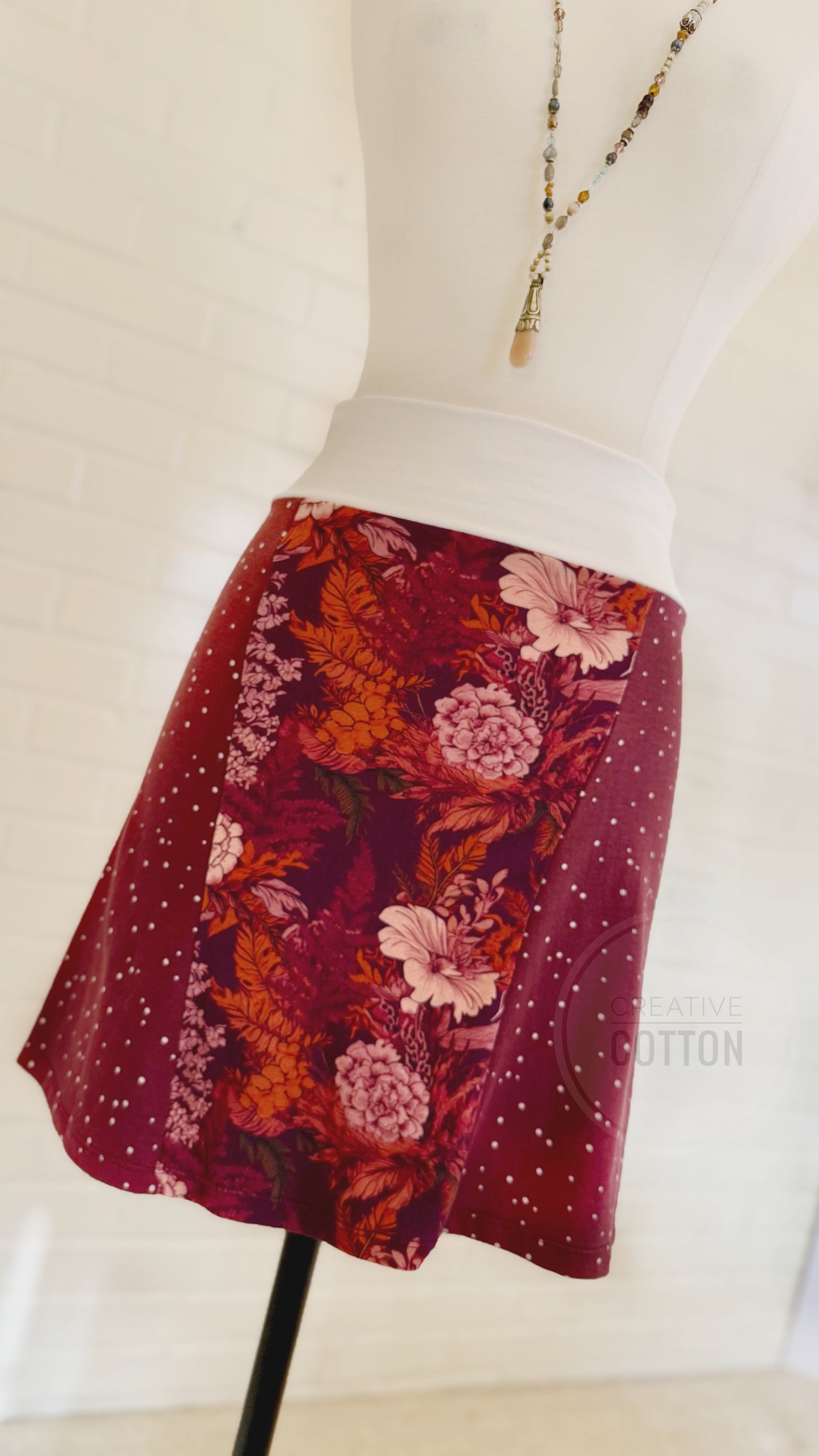 Maroon Baroque Floral Funky Knit Skirt