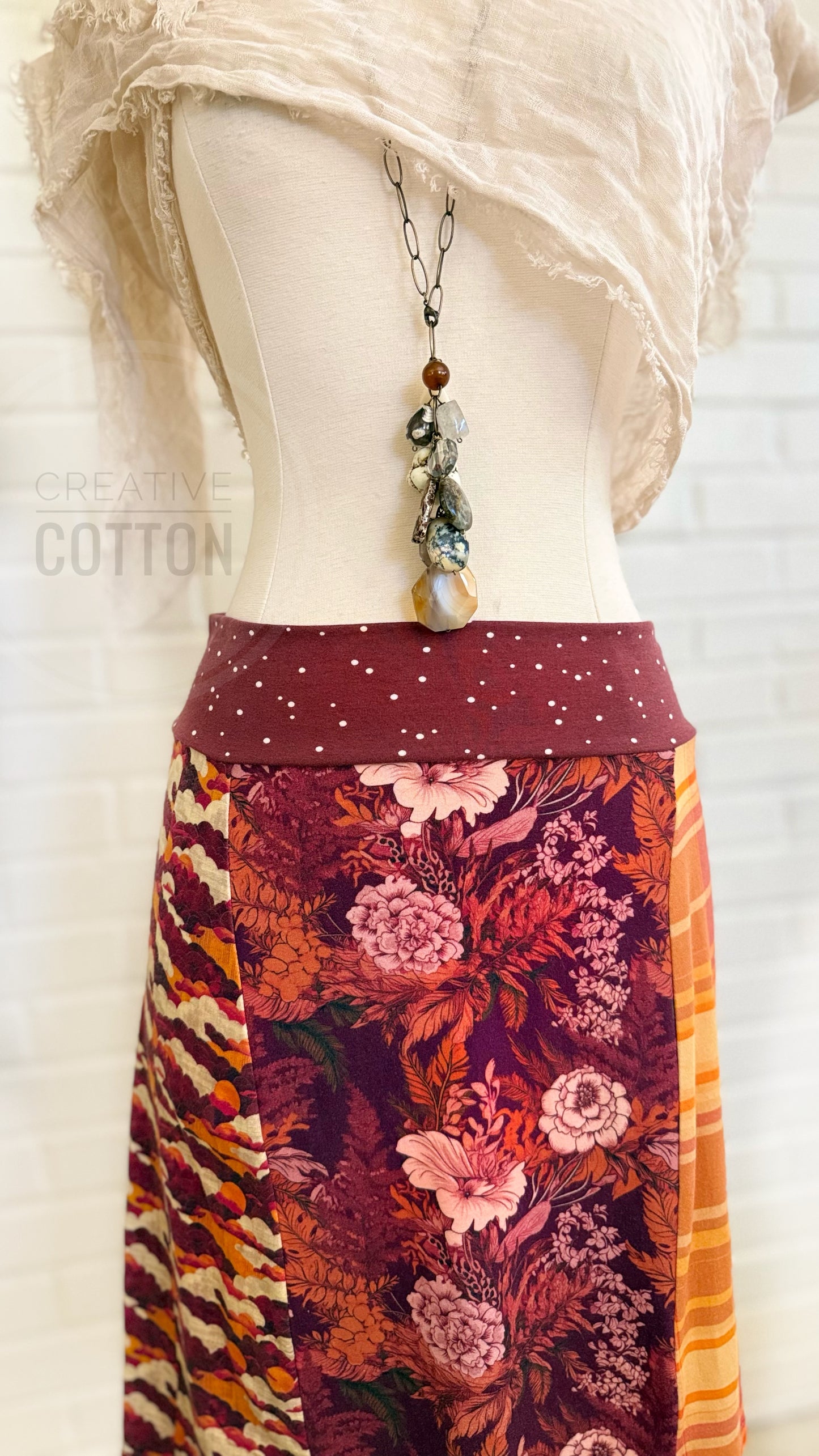 Maroon Baroque Floral Funky Knit Skirt