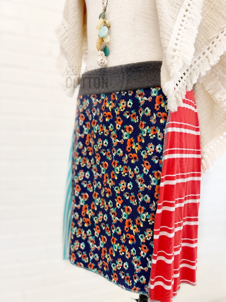 Teeny Floral on Navy Funky Knit Skirt