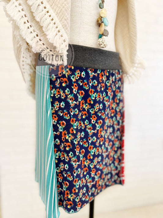 Teeny Floral on Navy Funky Knit Skirt