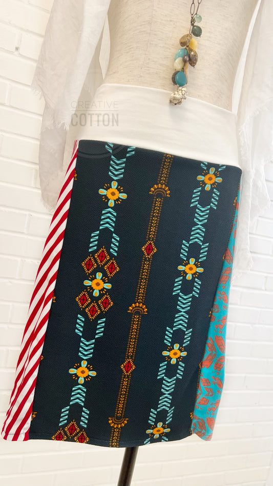 Teal Red Aztec Funky Knit Skirt