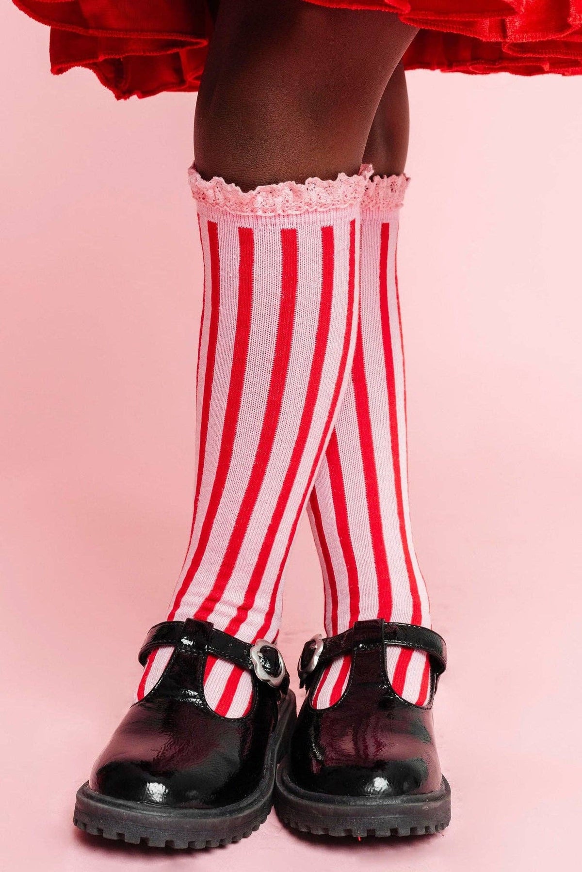 Little Stocking Co. - Candy Stripe Lace Top Knee High Socks: 4-6 YEARS