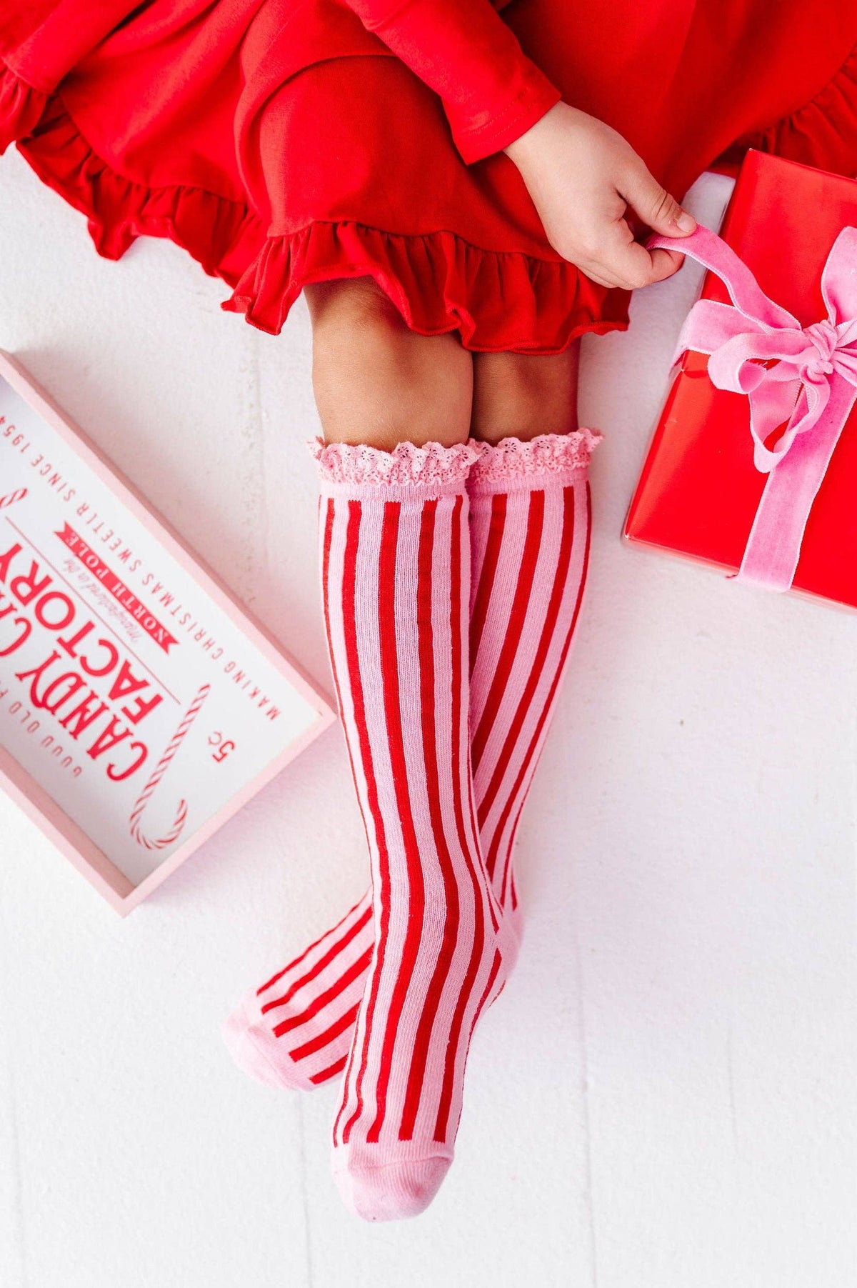 Little Stocking Co. - Candy Stripe Lace Top Knee High Socks: 6-18 MONTHS