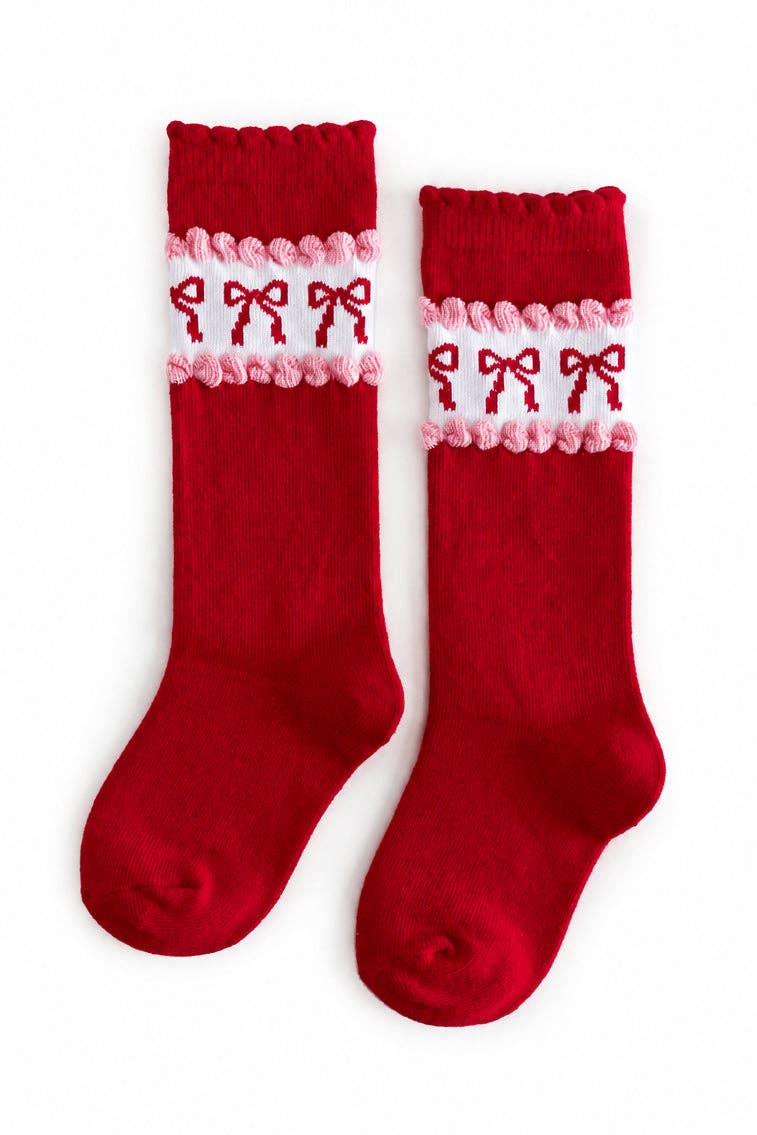 Little Stocking Co. - Red & Pink Bow Scalloped Knee High Socks: 1.5-3 YEARS